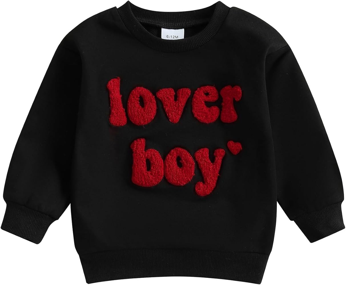 Toddler Baby Boy Valentines Day Outfit Lover Boy Embroidery Crewneck Sweatshirt Long Sleeve Pullo... | Amazon (US)