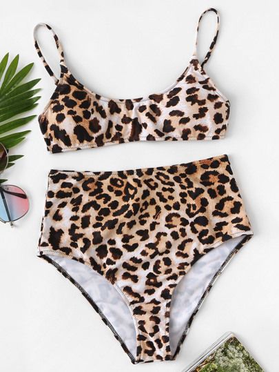 Leopard Print Top With Seam High Waist Bikini Set | SHEIN