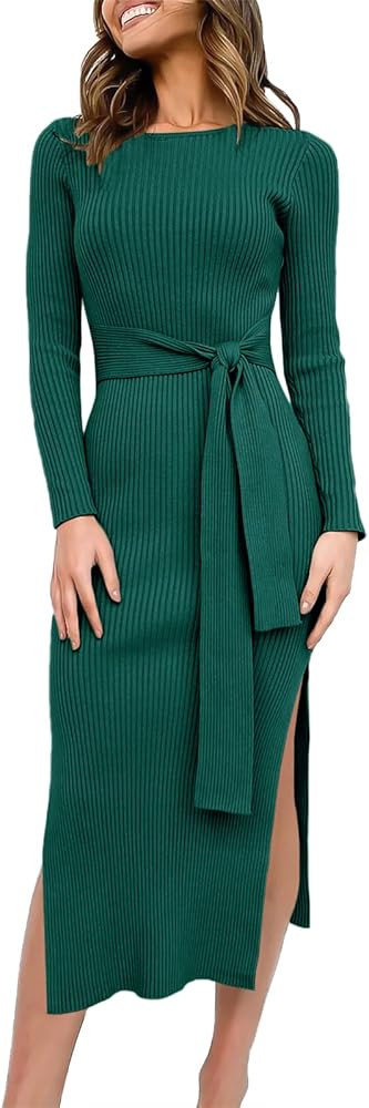 ANRABESS Womens Long Sleeve Sweater Dress Crew Neck Slim Fit Slit Tie Waist 2025 Ribbed Knit Body... | Amazon (US)