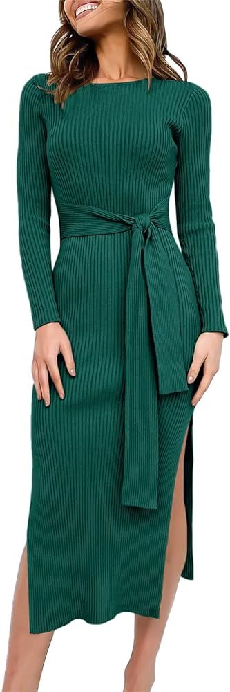 ANRABESS Women's 2023 Fall Elegant Sweater Dress Long Sleeve Crewneck Tie Waist Slim Rib Knit Sli... | Amazon (US)