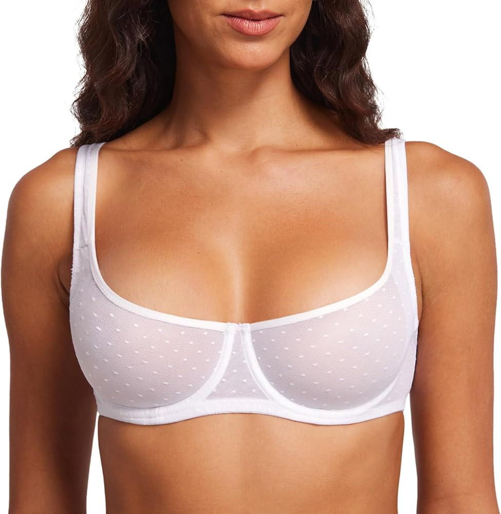 DOBREVA Women's Unlined Balconette Mesh Bra Square Neck Sheer See Through Underwire Bras Plus Siz... | Amazon (US)
