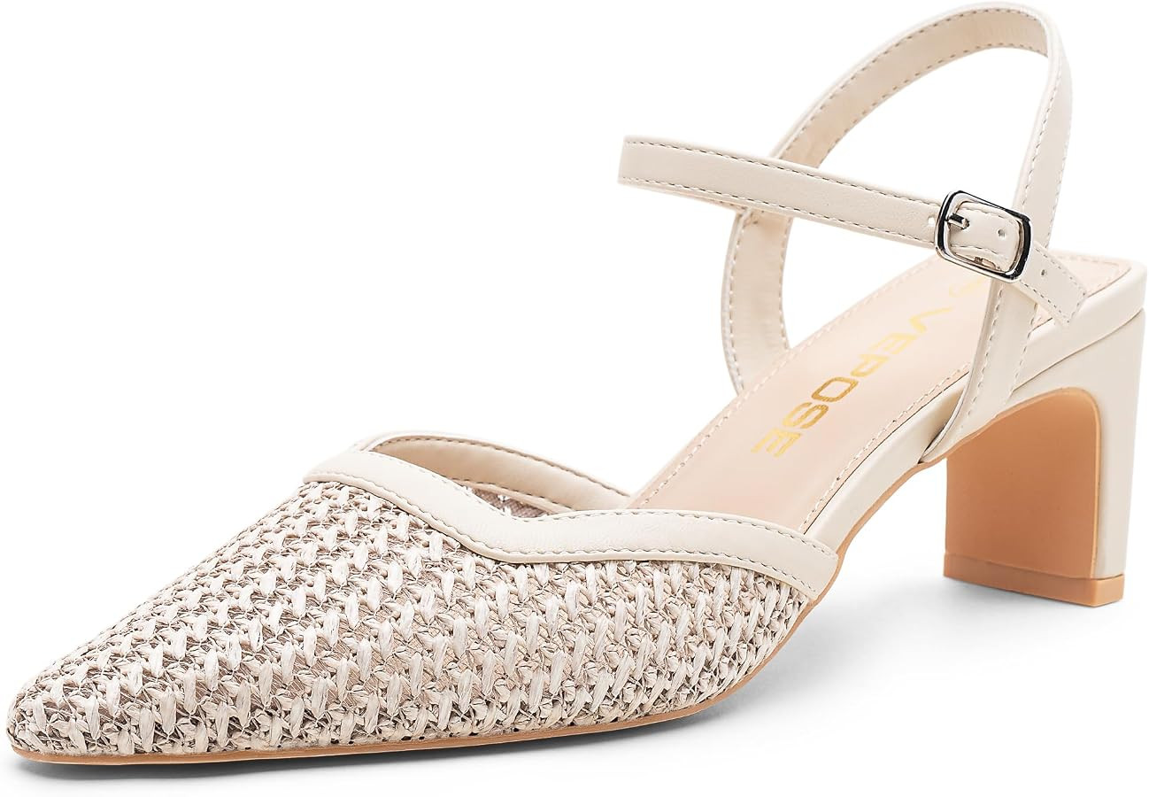Vepose Women's Mesh Woven Raffia Pointed Toe Pumps, Ankle Strap Closed Toe - Approx 3 Inch Slim B... | Amazon (US)