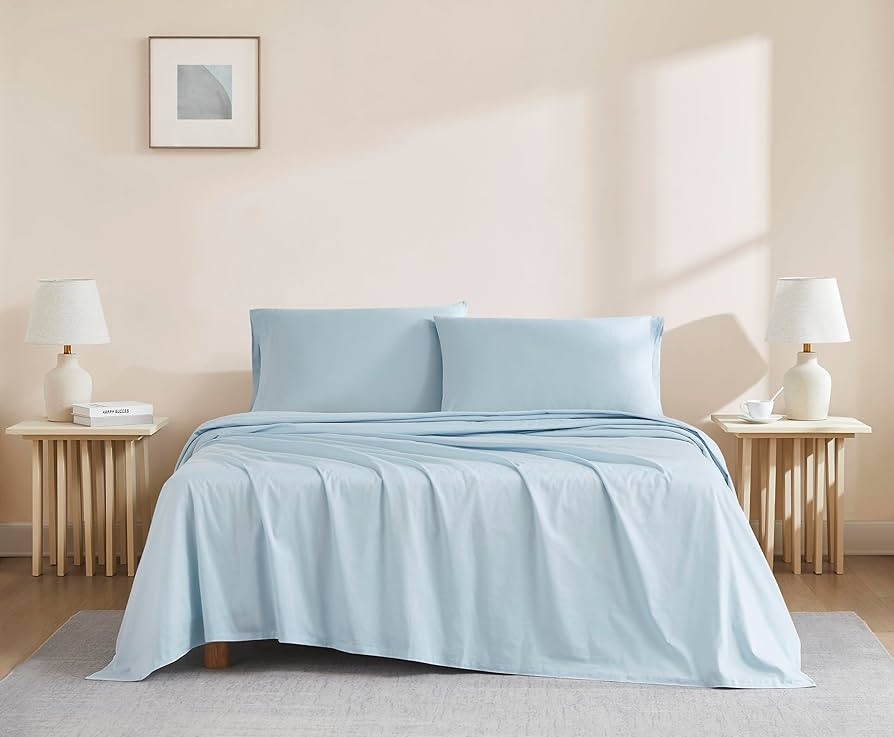 Linen Closet Luxury Cotton 144 Thread Count Organic Cotton 4-Piece Sheet Set, Queen, Light Blue | Amazon (US)