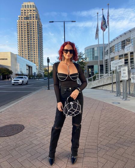 Date night outfit - Vegas outfit - Nashville outfit - black bodysuit - rhinestone bodysuit - black denim - black jeans - black outfit - street style - concert outfit 