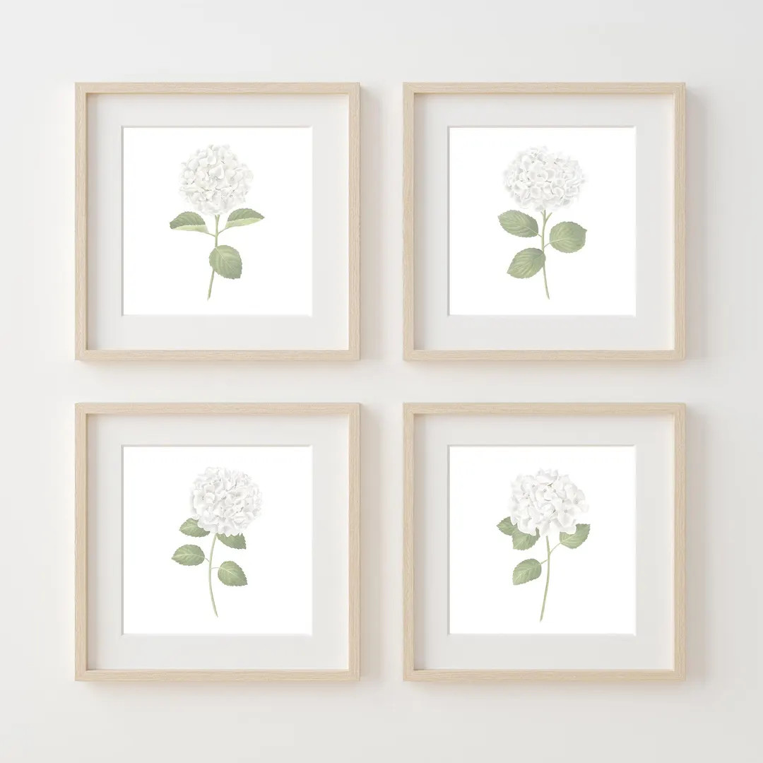 White hydrangea print set of 4 Gallery wall set Hydrangea painting Botanical prints Watercolor fl... | Etsy (US)