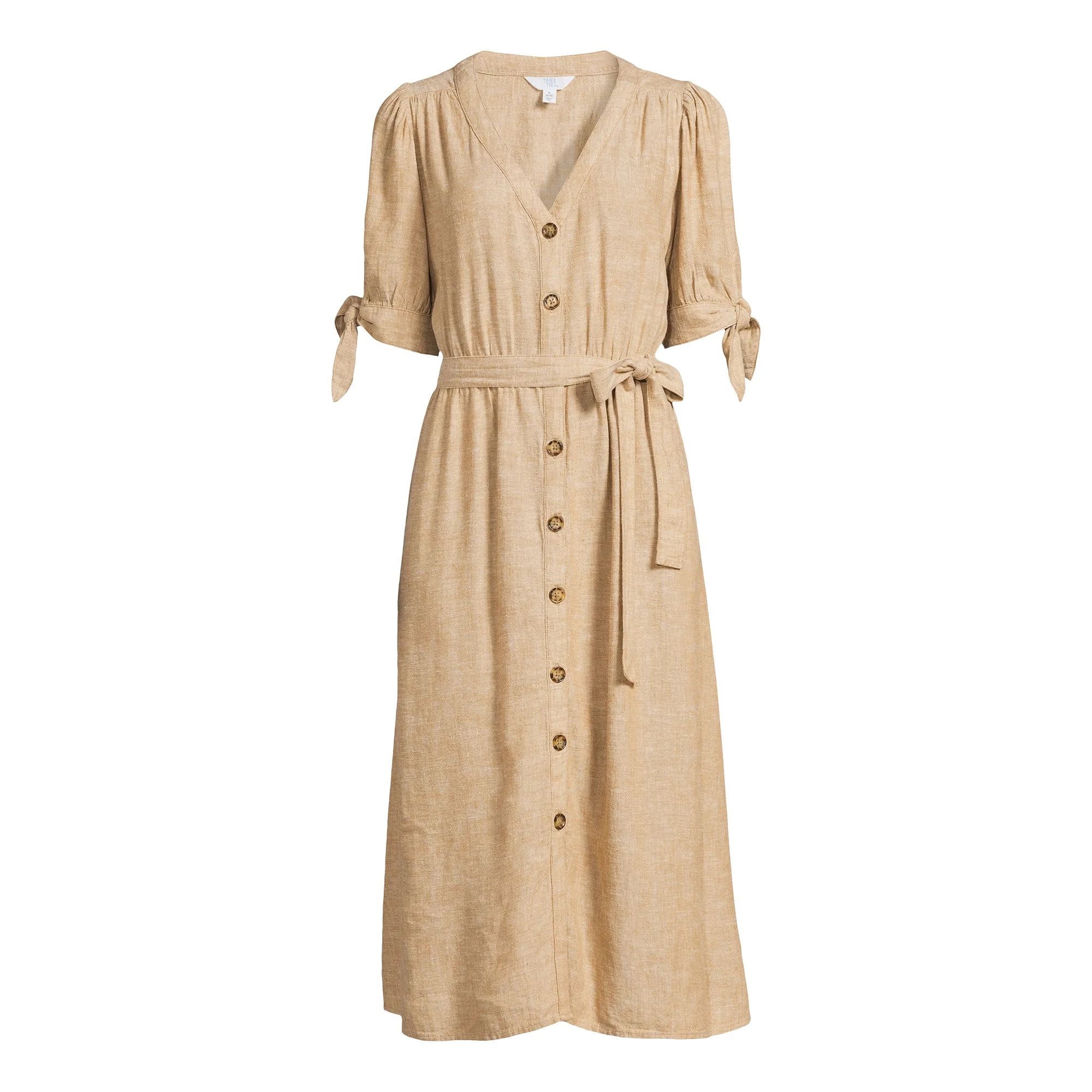 Time and Tru Women's and Women's Plus Tie Sleeve Linen Blend Midi Dress, Sizes XS-4X | Walmart (US)