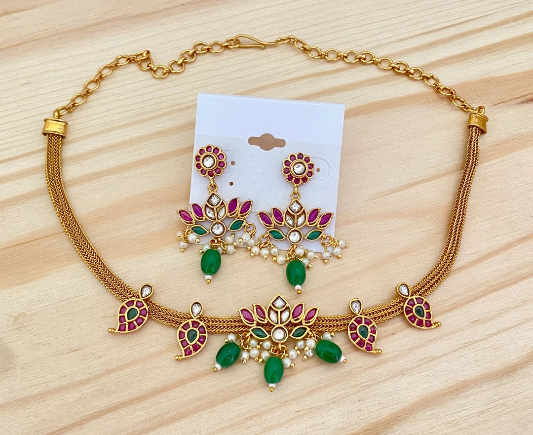 Gold Matte Finish,lotus Pendant Necklace,drop and Dangle Earrings,bollywood/south Indian Wedding ... | Etsy (US)