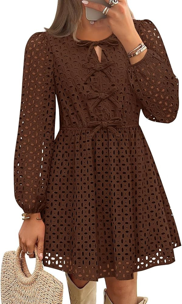 ZESICA Women's Long Sleeve Mini Dress 2025 Fall Crewneck Tie Front Hollow Out Eyelet Babydoll A L... | Amazon (US)