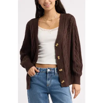BP. Relaxed Cable Stitch V-Neck Cardigan in Pink Balm at Nordstrom, Size X-Small | Nordstrom