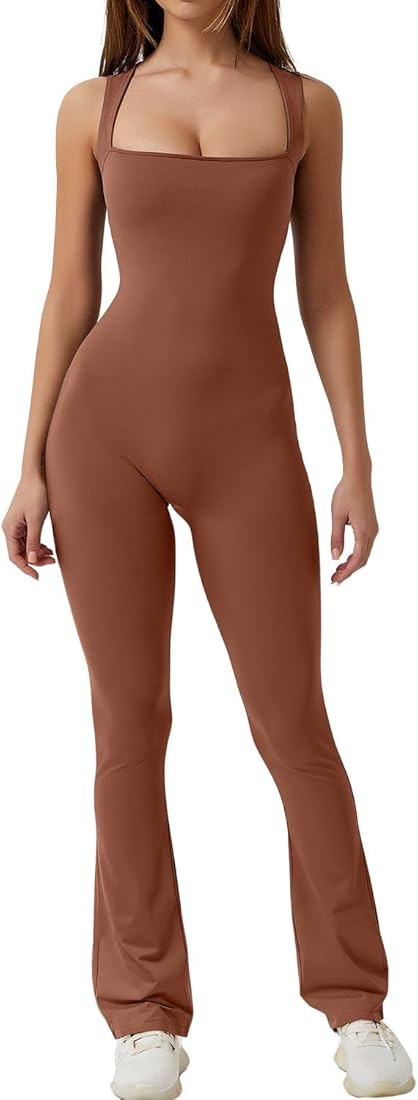 QINSEN Flare Jumpsuits for Women Strappy Square Neck Bodycon Full Length Long Pants Casual Playsu... | Amazon (US)