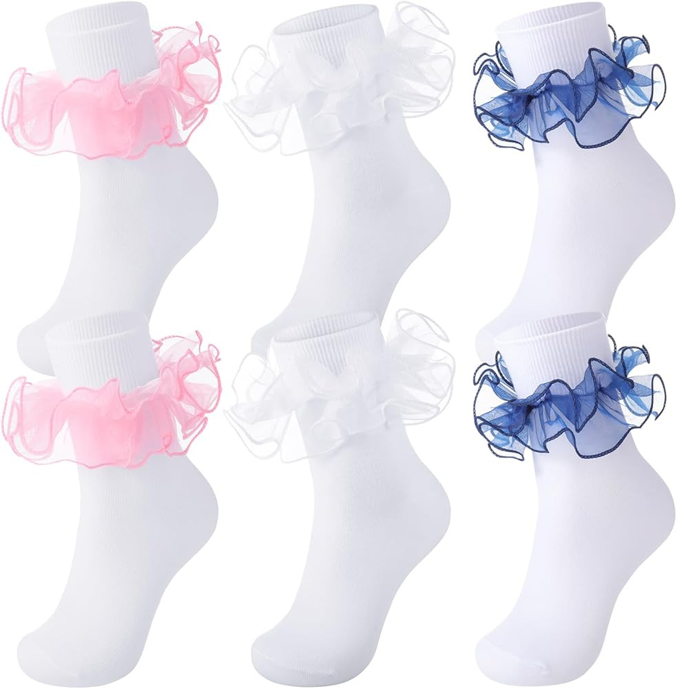 Geyoga 3 Pairs Women Big Ruffle Socks Turn Cuff, Double Lace Ankle Socks for Woman Cotton Lace Fr... | Amazon (US)