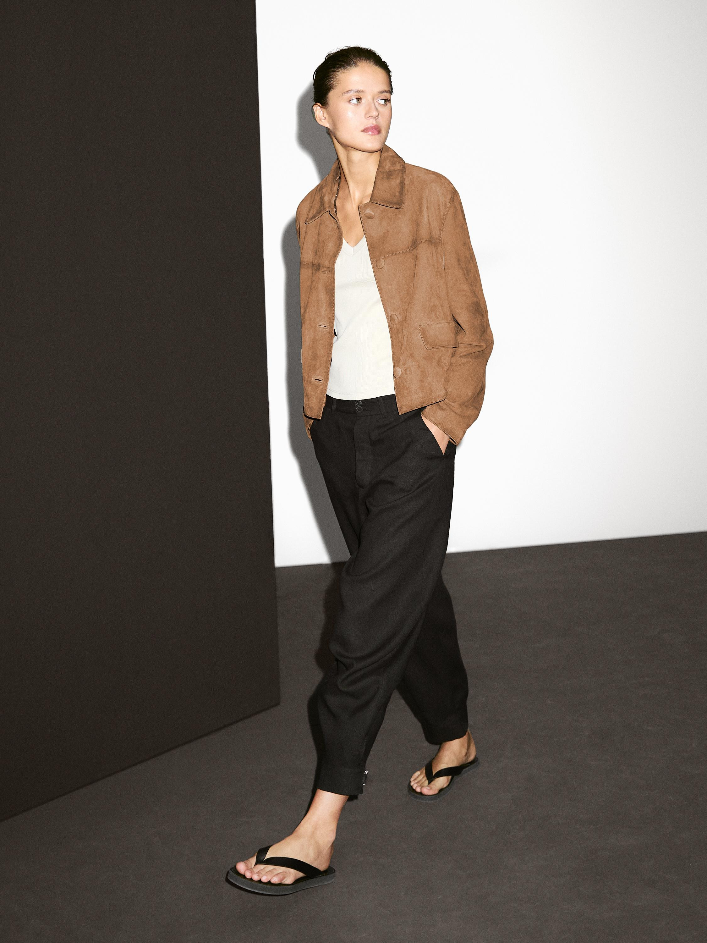 Suede leather jacket with lined buttons | Massimo Dutti US