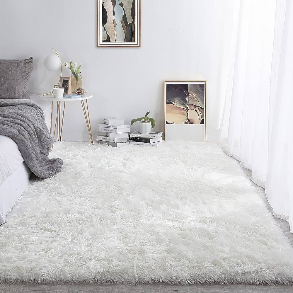 HOMBYS 5x8 Oversized Faux Fur Area Rug for Living Room Bedroom, Super Soft & Fluffy White Faux Sh... | Amazon (US)