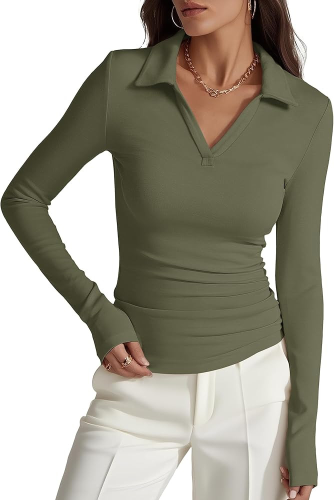 Prettywear Womens Long Sleeve Polo Shirts Business Casual Work Tops Blouse Fitted Collared V Neck... | Amazon (US)