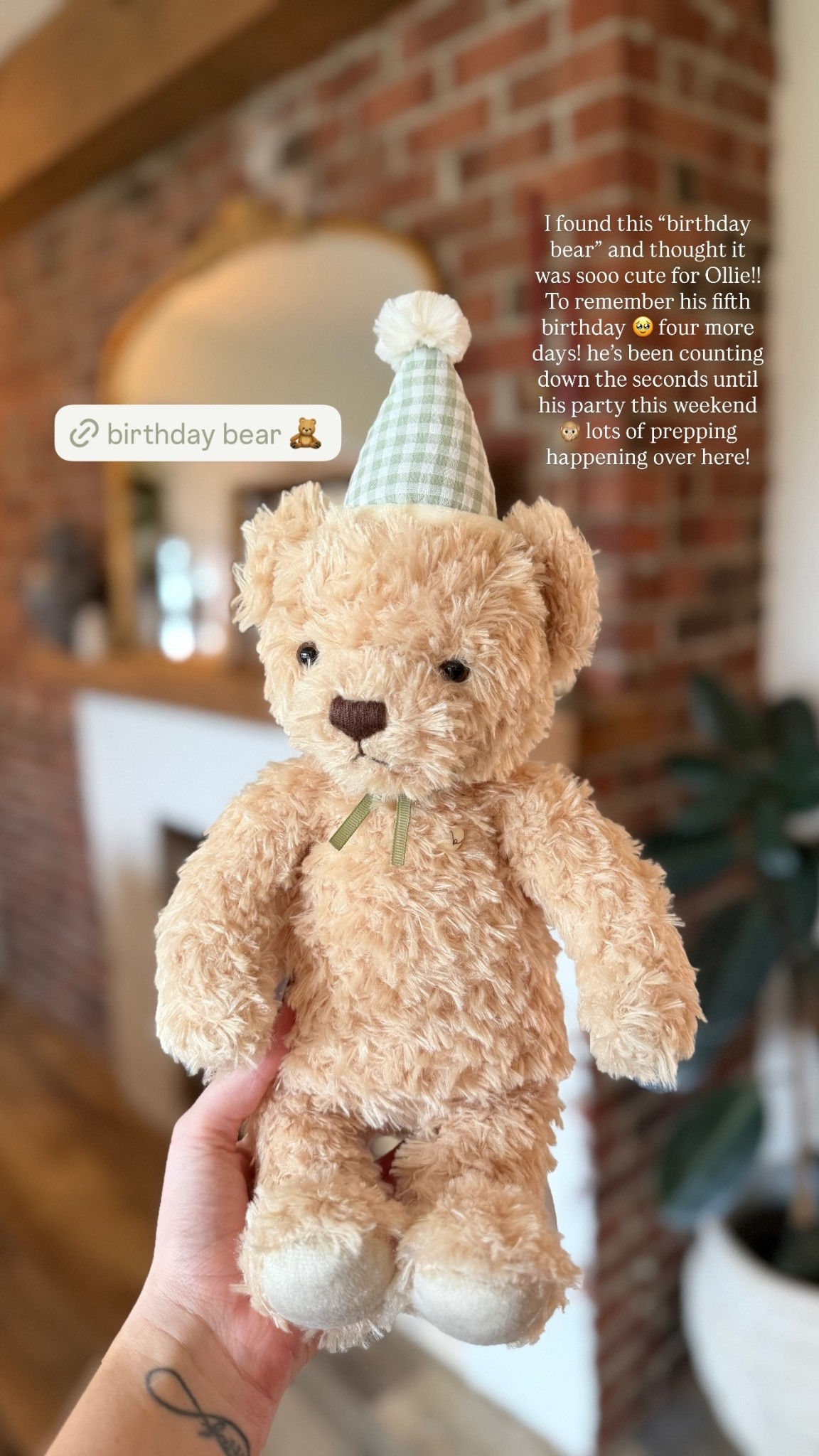 I found this “birthday bear” and thought it was sooo cute for Ollie!! To remember his fifth birthday 🥹 four more days! he’s been counting down the seconds until his party this weekend 🙊 lots of prepping happening over here!