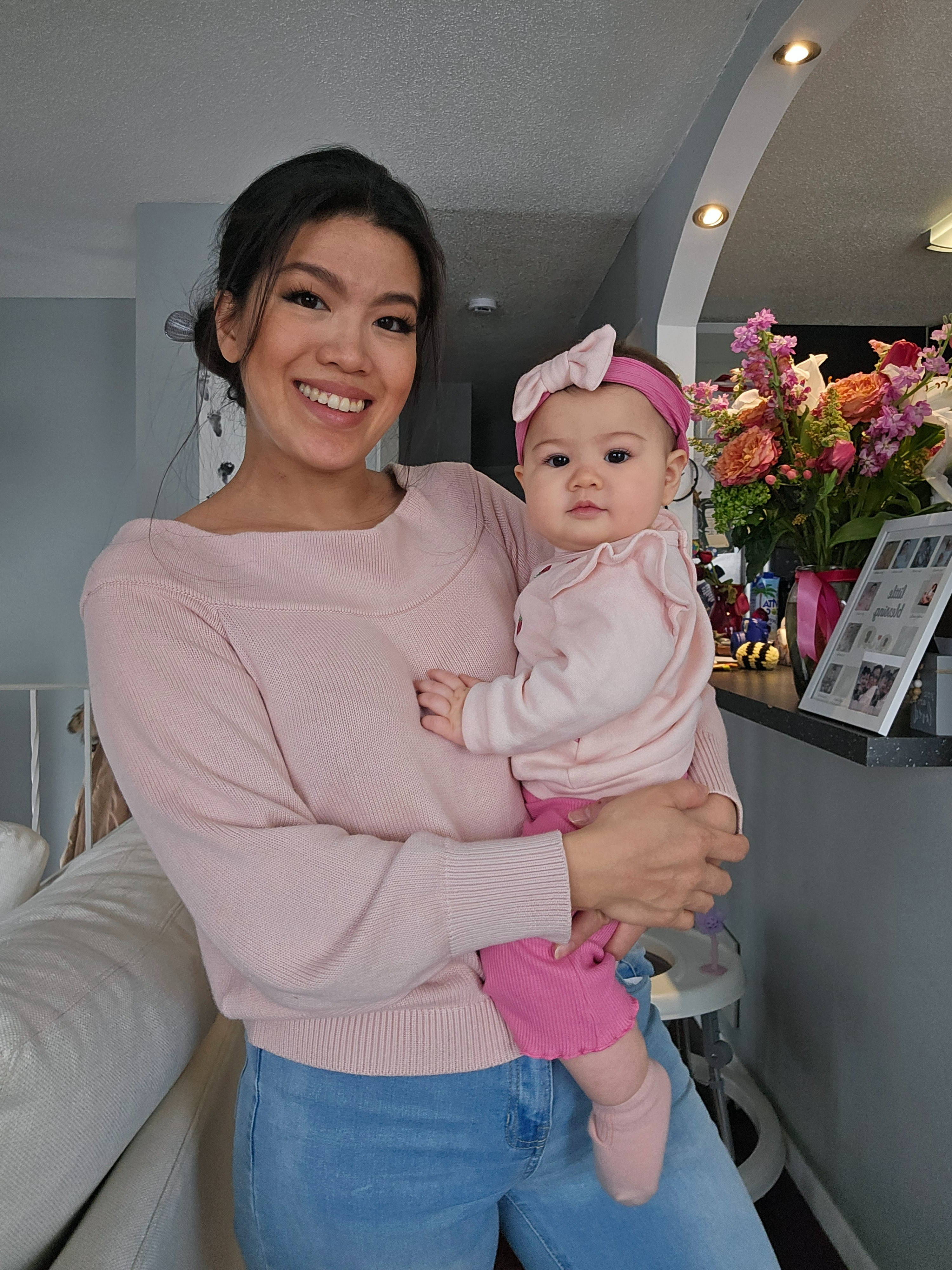 Pink off the shoulder sweater, light blue denim flare pants, baby strawberry pink sweatshirt, baby pink flare ribbed pants, baby ankle socks 

#LTKgrwm #LTKootd #LTKBaby