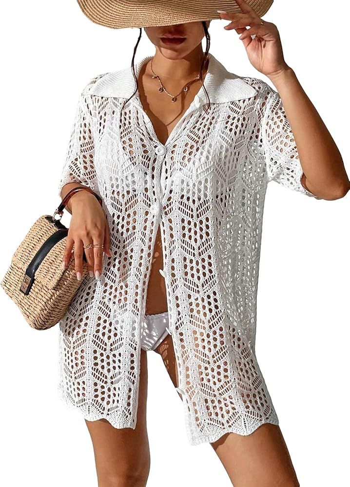 SOLY HUX Women's Button Down Hollow Out Crochet Swimsuits Cover Ups Kimono Short Sleeve Sheer Bea... | Amazon (US)