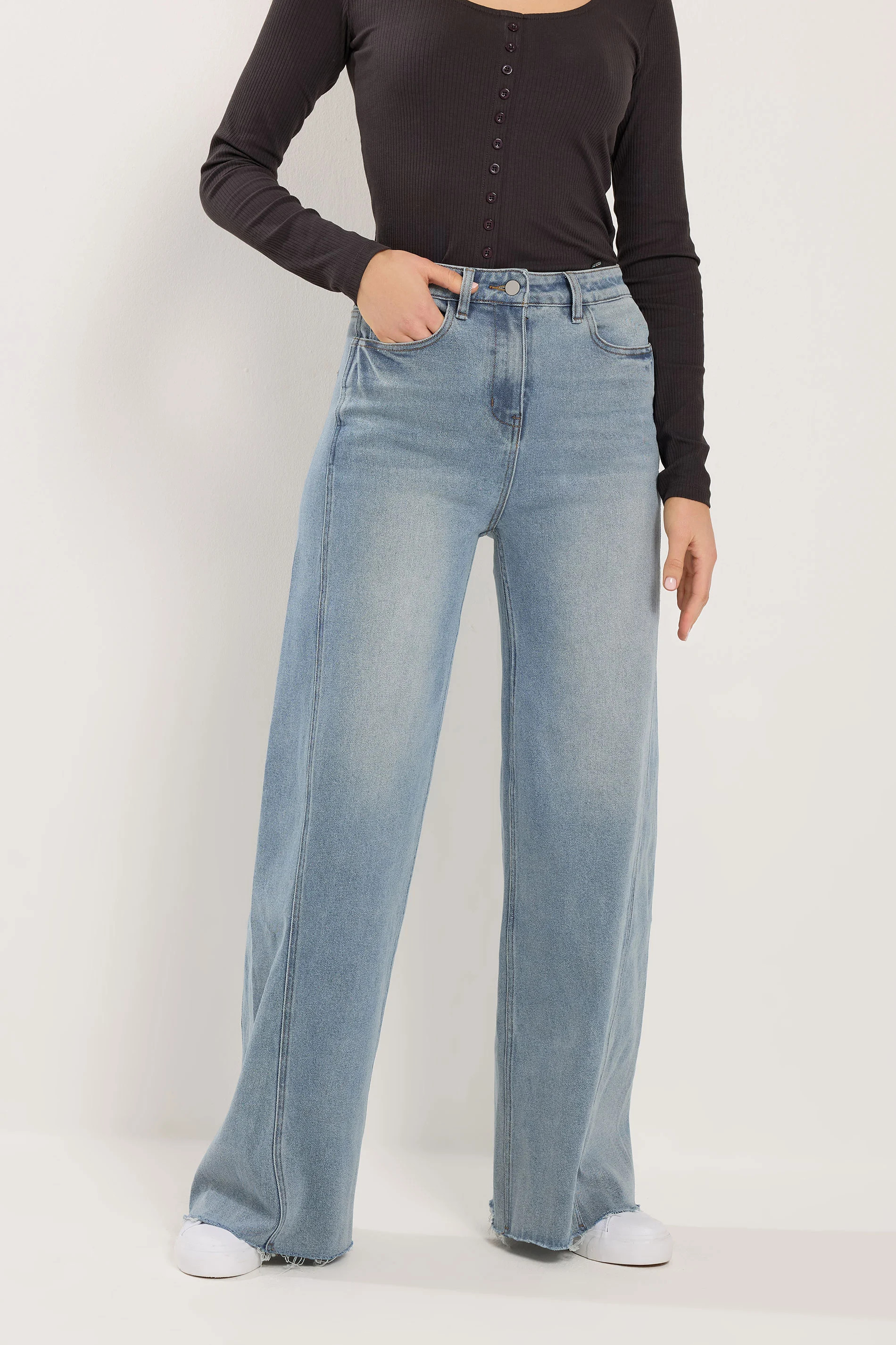 LTS Tall Women's Mid Blue Twist Seam Wide Leg Jeans | Long Tall Sally | Long Tall Sally