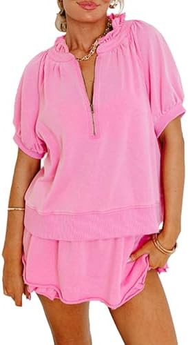 KevaMolly Women's 2 Piece Lounge Sets Casual Short Sleeve Outfits Half Zip Puff Sleeve Top and Ru... | Amazon (US)