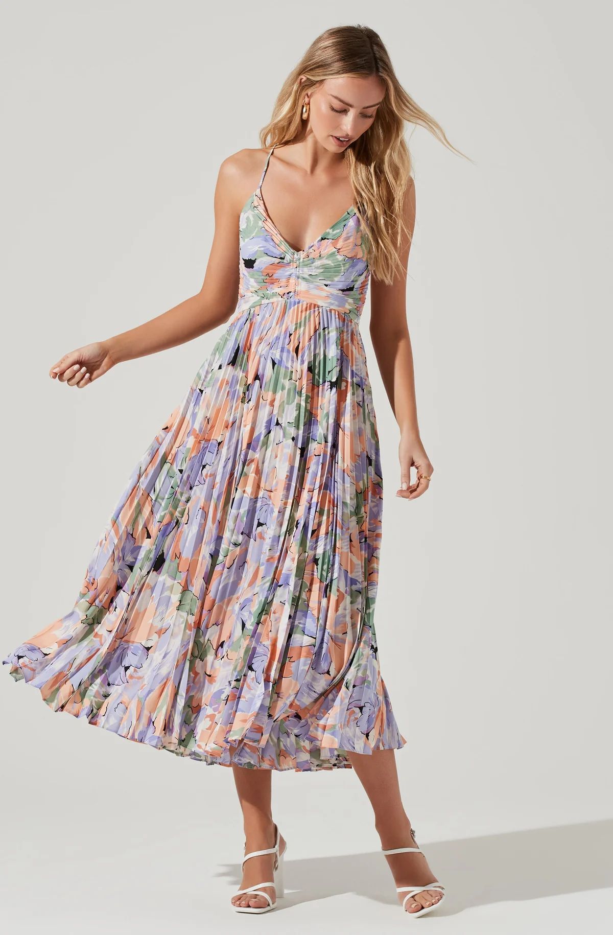 Blythe Floral Plisse Midi Dress - CORAL MULTI / M | ASTR The Label (US)