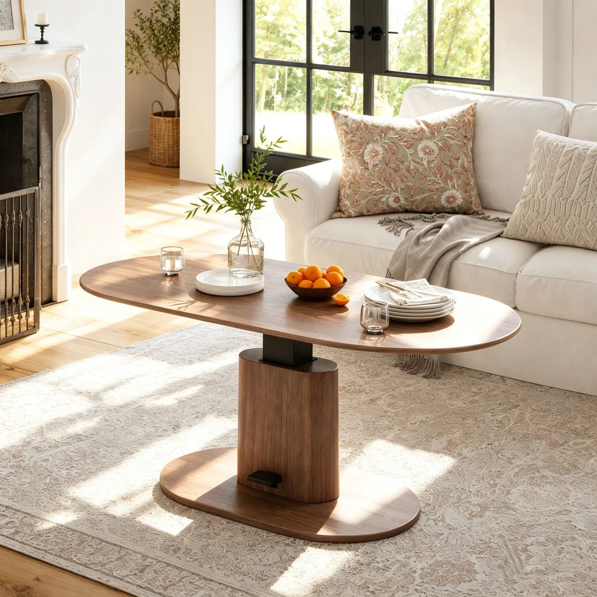 2-in-1 Pneumatic Lift Coffee Table, Oval Walnut Height Adjustable Coffee Table to Dining Table, S... | Wayfair North America