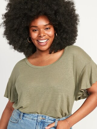 Flutter-Sleeve Scoop-Neck Linen-Jersey Easy T-Shirt for Women | Old Navy (US)