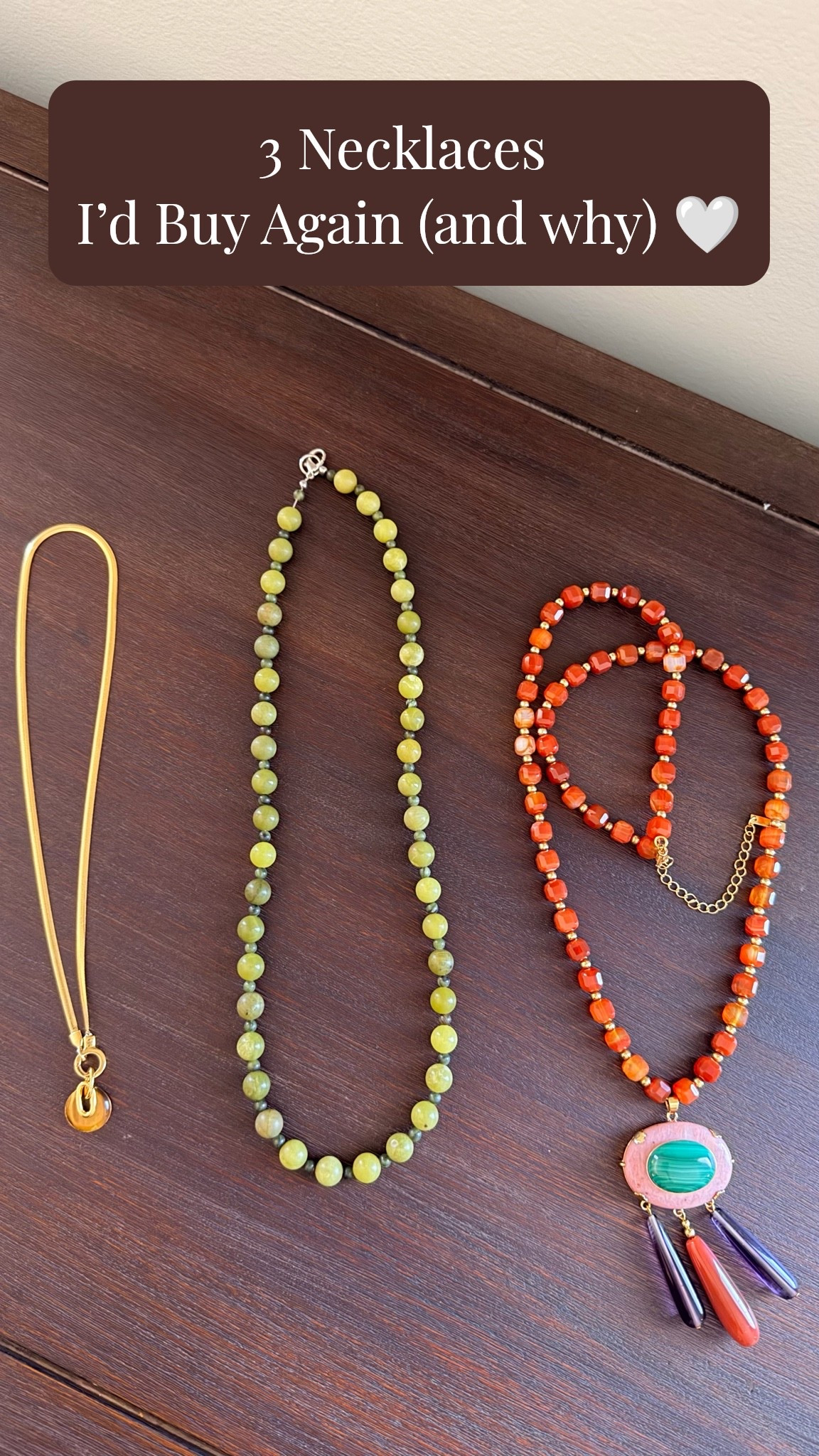 3 necklaces I’d buy again (and why) 🤍

After years of editing my jewelry collection, I’ve realized the pieces I wear most aren’t always the trendiest—they’re the ones that make getting dressed easier.

✨ Monica Vinader Snake Chain – My everyday gold necklace. It’s minimal, layers beautifully, and instantly makes even a basic tee feel polished.

💚 Connemara Marble Necklace – A meaningful piece that adds an organic touch. The green tones work with so much of my wardrobe, and it always starts a conversation.

❤️ Statement Beaded Necklace – When an outfit feels too simple, this is the piece I reach for. It adds color, personality, and makes a basic outfit feel intentional.

If I were building my jewelry collection from scratch, these three would be on my list again. Timeless, versatile, and worn on repeat.

Which one would you wear most? ✨

#LTKOver40 #LTKootd #LTKPetite