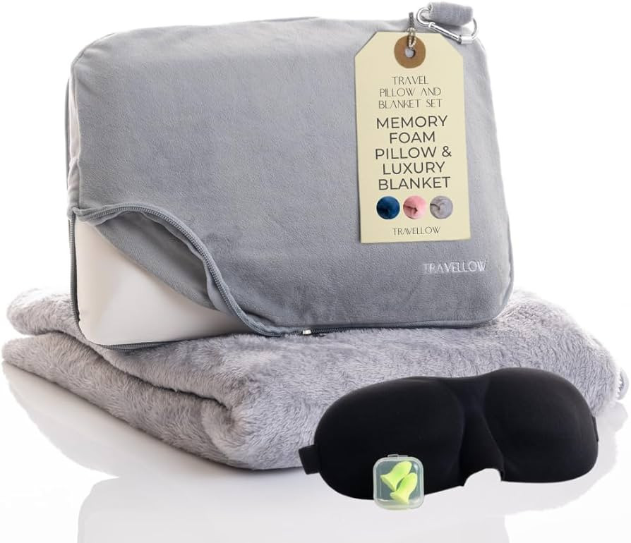 Travel Pillow and Blanket Set - 4-in-1 Ultimate Travel Kit with Memory Foam Pillow, Travel Blanke... | Amazon (US)