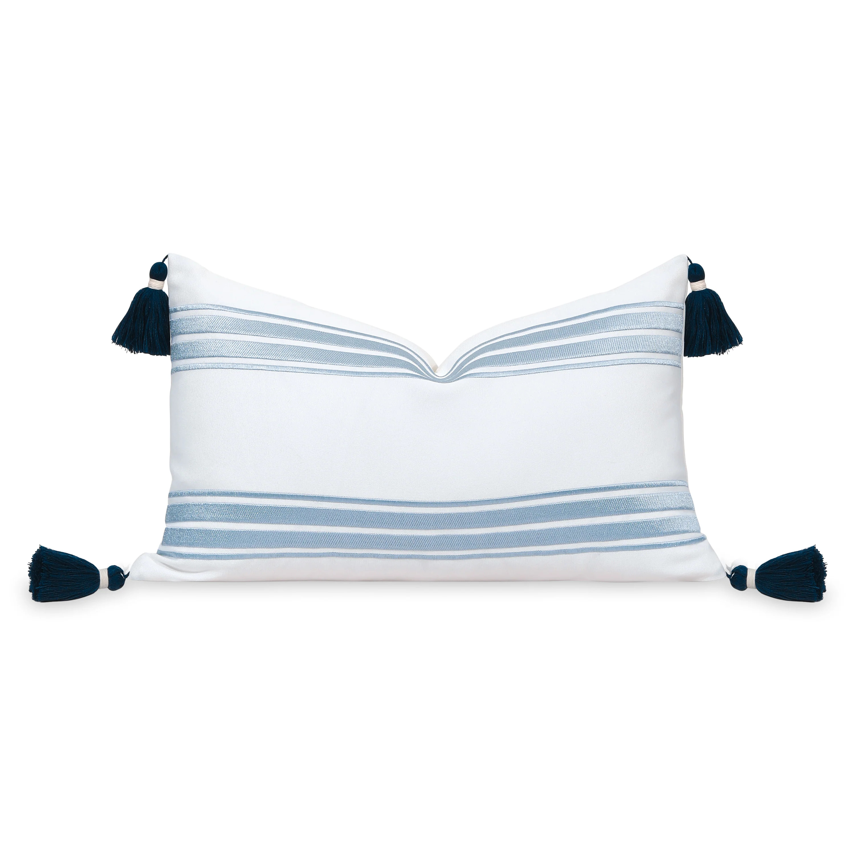 Coastal Indoor Outdoor Lumbar Pillow Cover, Embroidered Stripes with Tassels, Baby Blue, 12 | Hofdeco