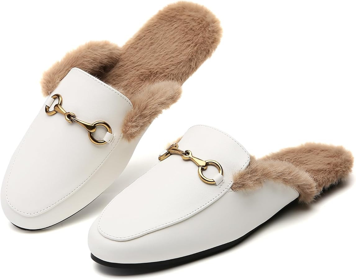 Minorsu Buckle Fur Mules for Women Slip on Loafers Closed Round Toe Backless Flat Mules Comfortab... | Amazon (US)