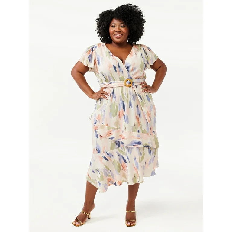 Sofia Jeans by Sofia Vergara Women's Plus Belted Wrap Dress with Flutter Sleeves | Walmart (US)