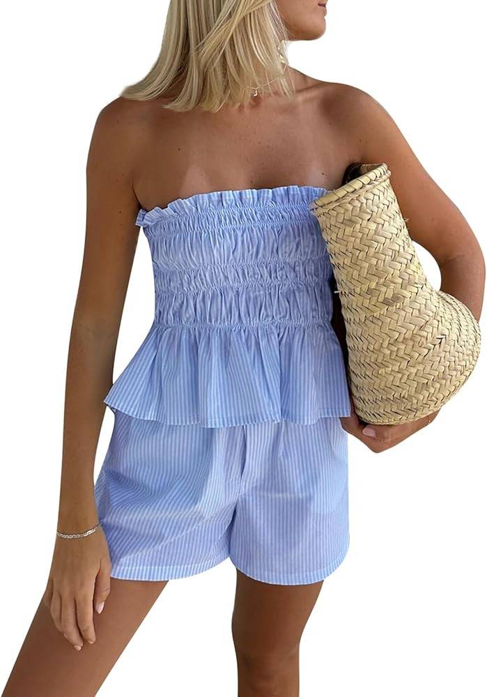 Yuemengxuan Women Shirred Top Shorts Summer Outfits Set 2 Piece Striped Pajamas Set Sleeveless Ru... | Amazon (US)
