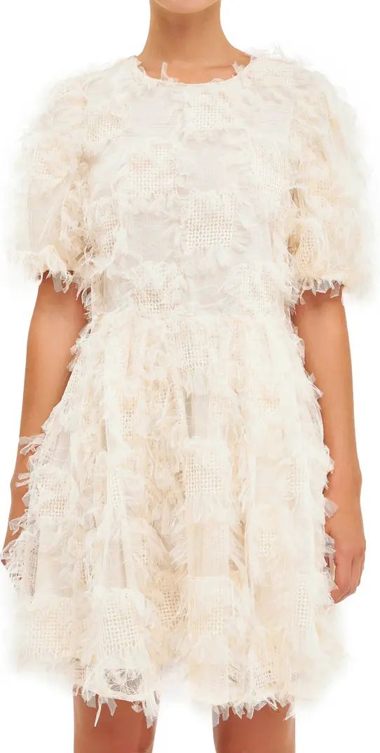 Feathered Mesh Puff Sleeve Minidress | Nordstrom