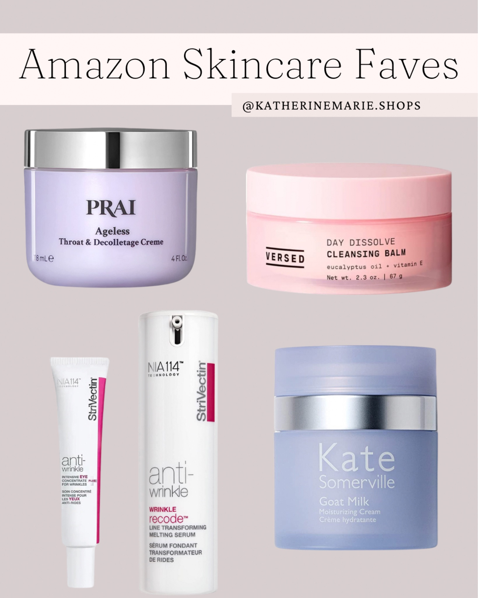My favorite skincare, available on Amazon Prime. For anti-aging, check out the PRAI and StriVectin products. They’re game changers! Avoid harsh scrubbing by using the Versed cleansing balm before washing. KS goat milk is my go to lightweight moisturizer, well worth the money. 

#LTKFind #LTKbeauty #LTKunder100