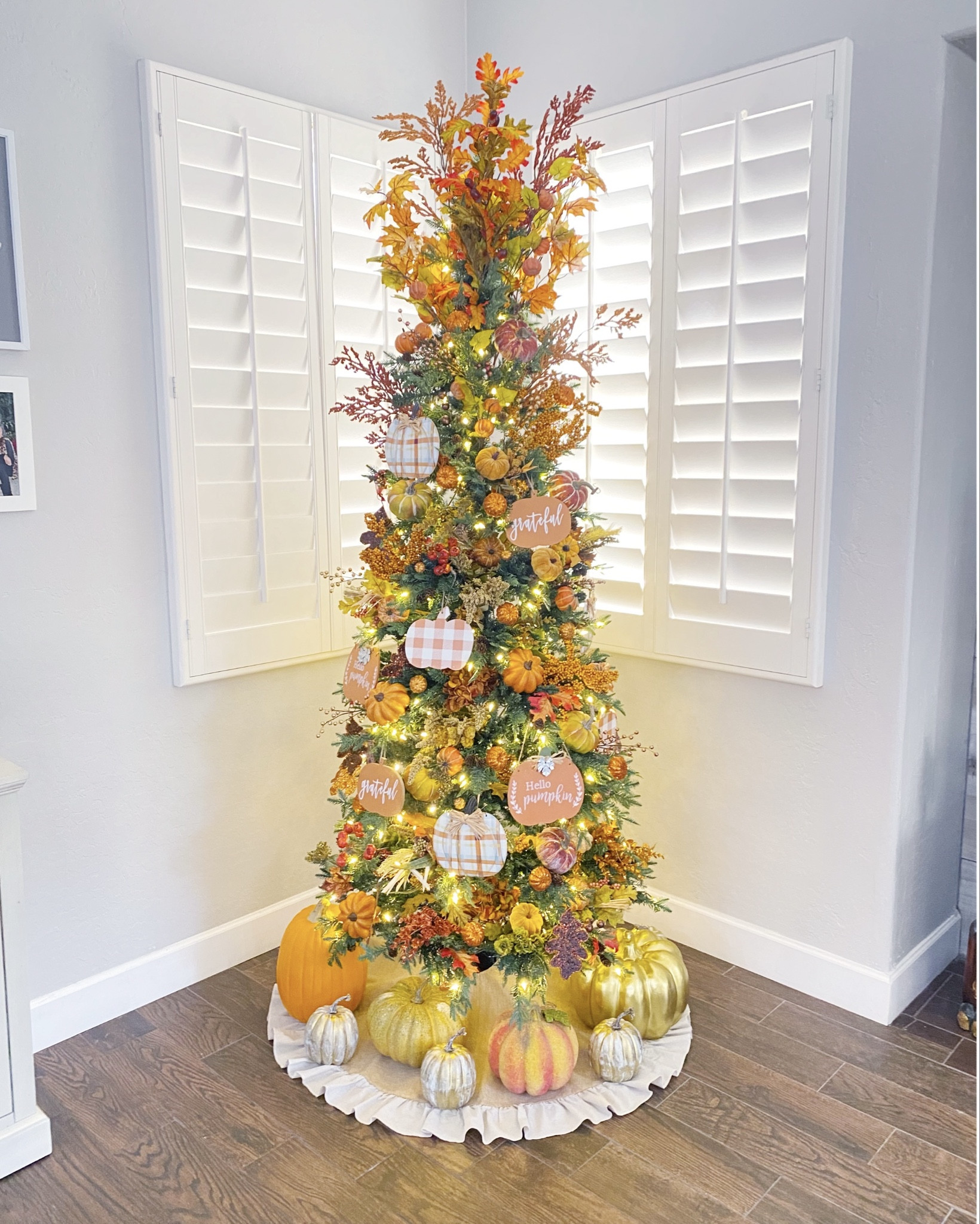 Style your tree for Thanksgiving for under $100! Most decor is from @hobbylobby and the @dollartree and some finds from yard sales 😉 

Tree skirt from @Amazon 

Follow these steps:
1. Start at top inserting long fall picks
2. Add bigger pumpkins alternating throughout 
3. Add fall wood decor as ornaments 
4. Inlcude fall leaves or garlands as desired 
5. Finish with a burlap skirt at the bottom and bigger pumpkins on top of skirt 

What do you think???

#stylewithnancy #falldecorating #fallchristmastree #decorateyourchristmastree #falltrees #styleforless #decorateforless #fallhomedecor #fallhome2024 #homedecoratingideas #homedecor2024 #arbolitodenavidad #ideasparadecorar #decoratucasa 

#LTKHoliday #LTKStyleTip #LTKSeasonal