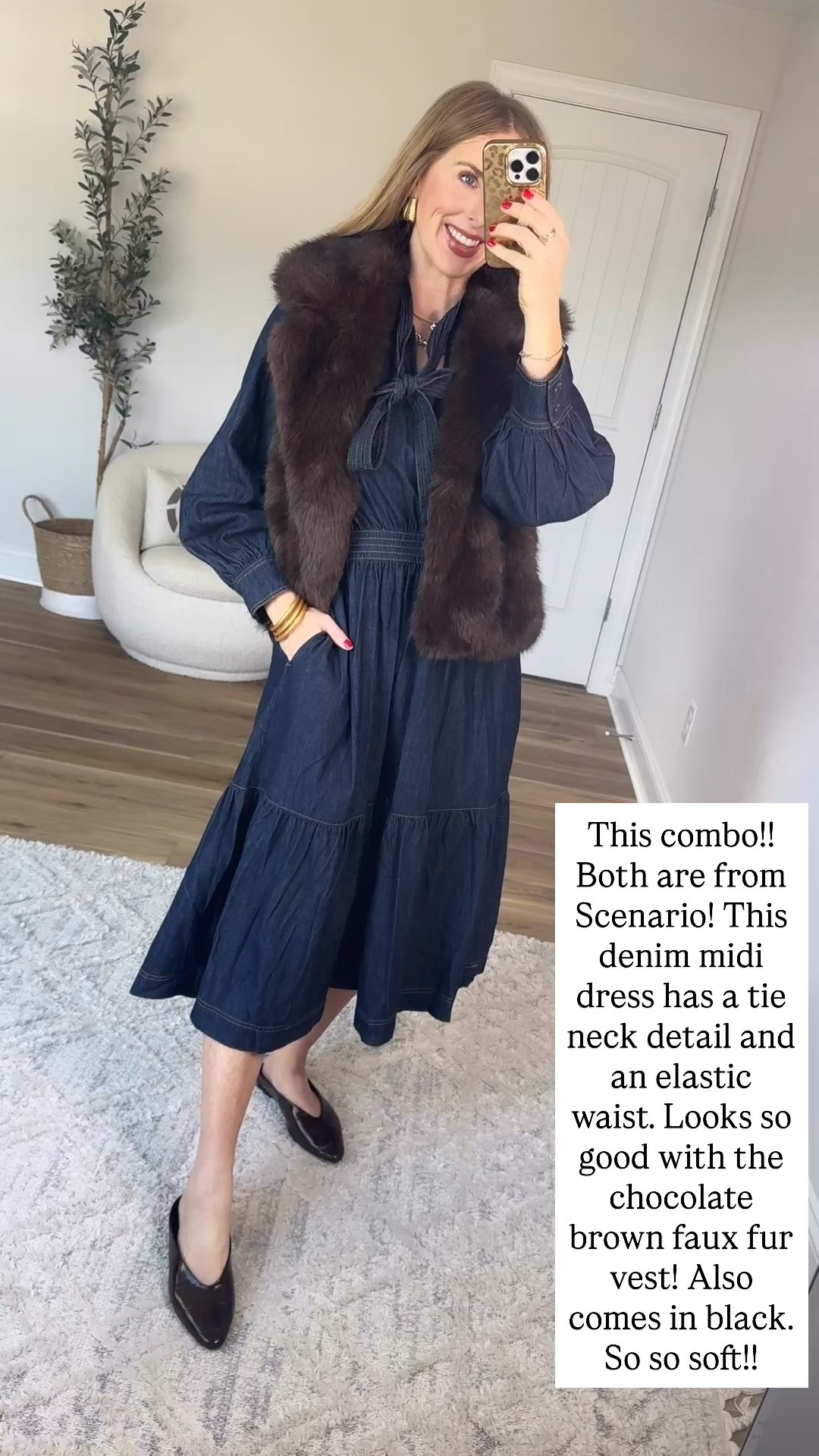 Walmart try on, scenario, denim midi dress, faux fur vest