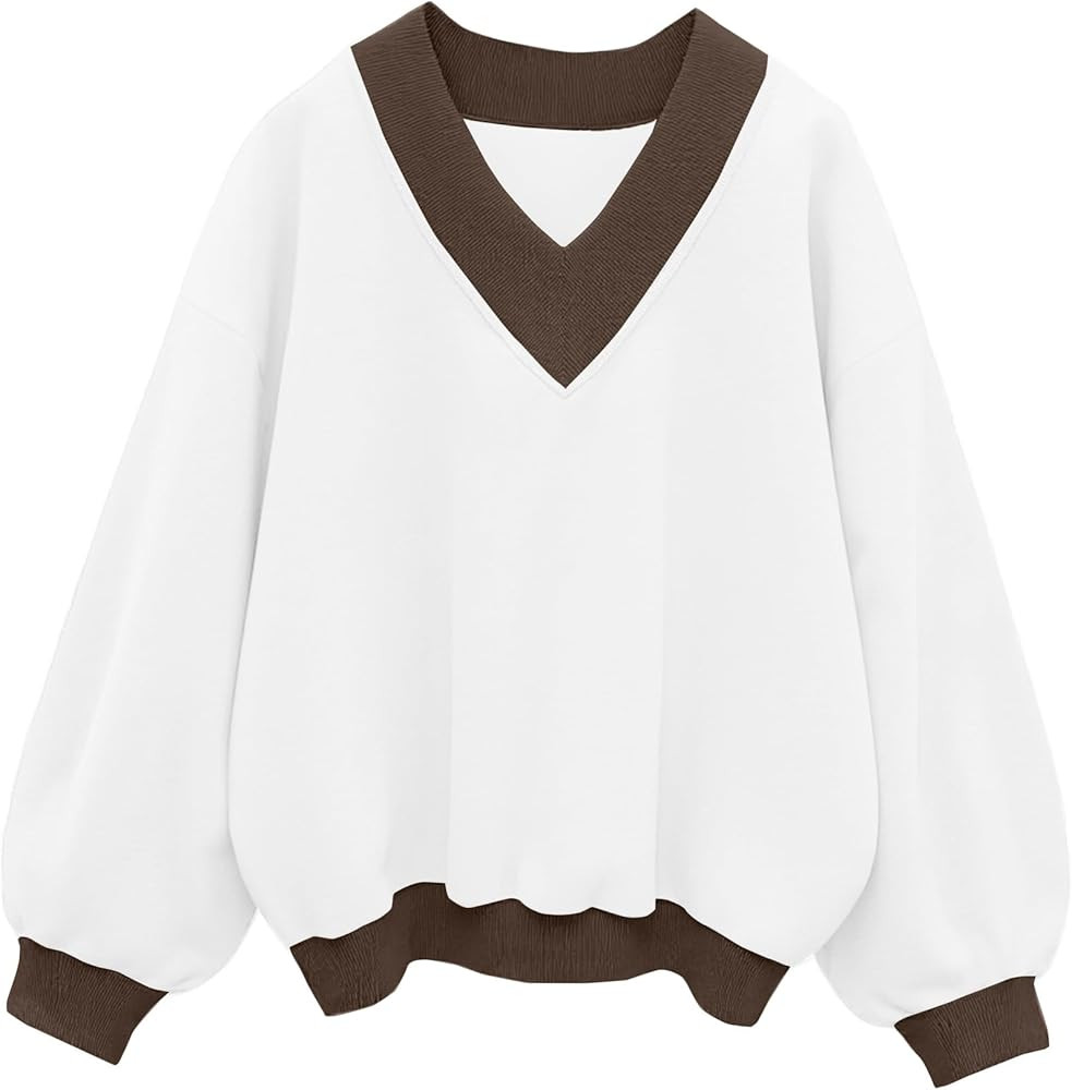 Hilinker Womens V Neck Oversized Sweatshirts Casual Drop Shoulder Long Sleeve Pullover Tops | Amazon (US)