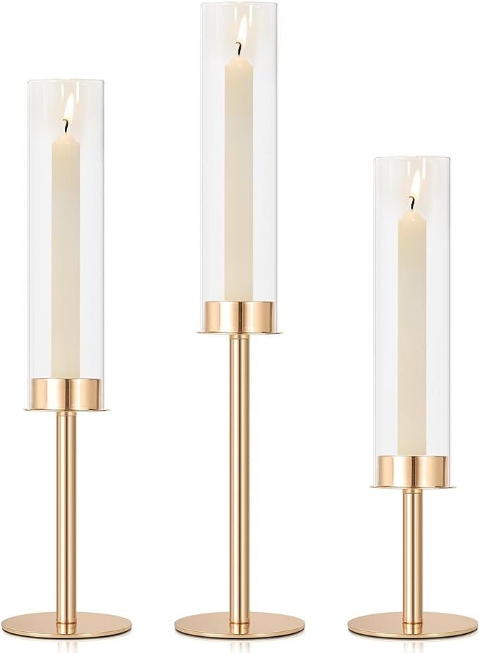 Gold Glass Hurricane Candle Holder Set of 3 Gold Taper Candle Holder with Glass Cover, Tall Candl... | Amazon (US)
