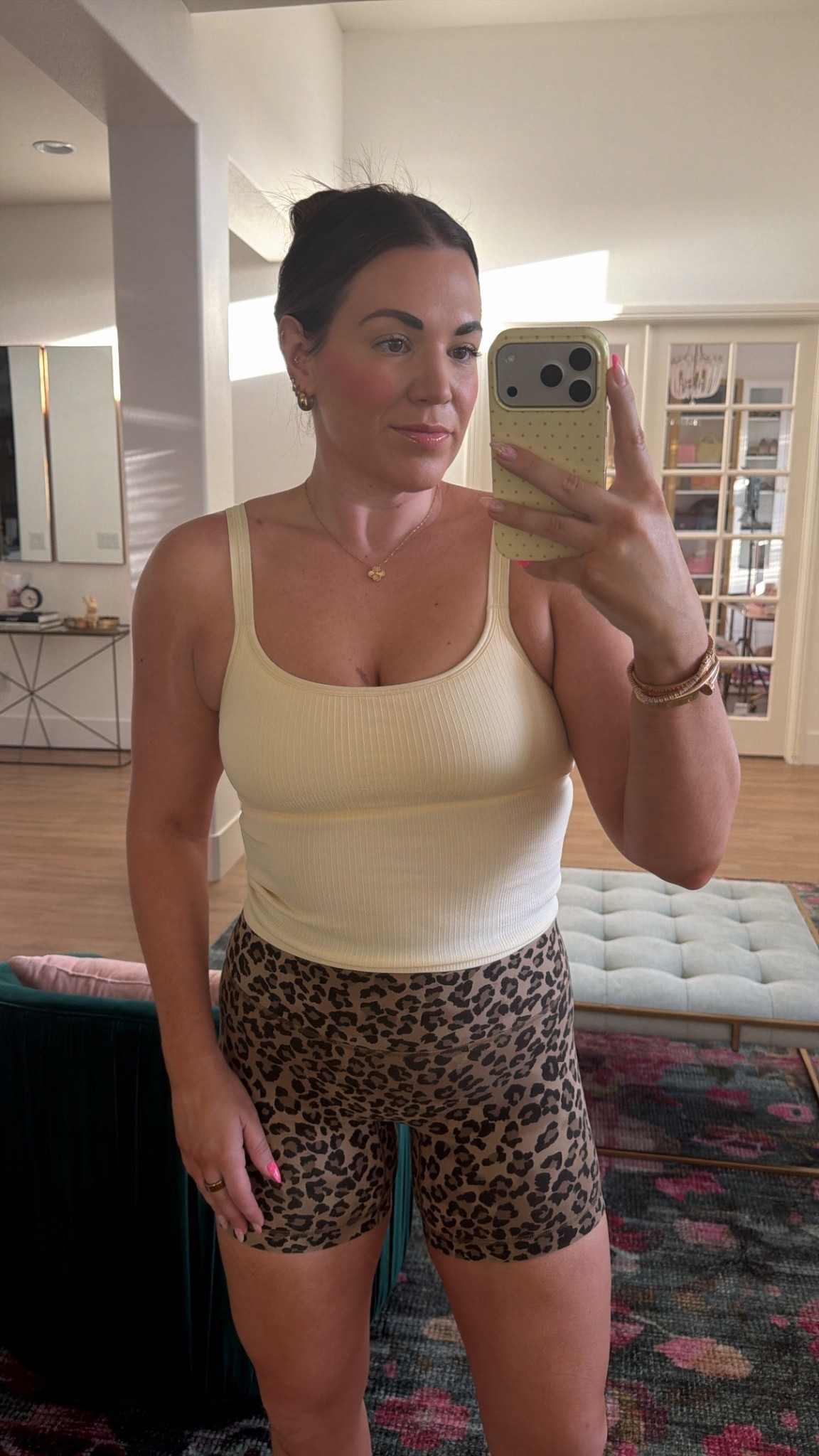 curvy midsize workout look! wearing size 10 in butter yellow tank and size 8 in leopard shorts 

#LTKMidsize #LTKActive #LTKfitnessgoals