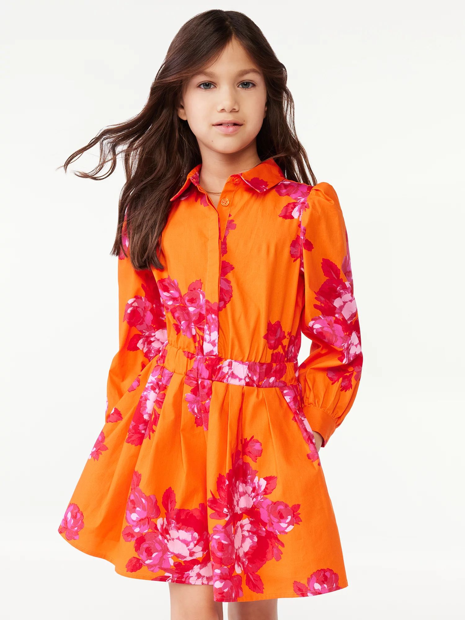 Scoop Girls Pleated Waist Tie Shirt Dress, Sizes 4-12 - Walmart.com | Walmart (US)