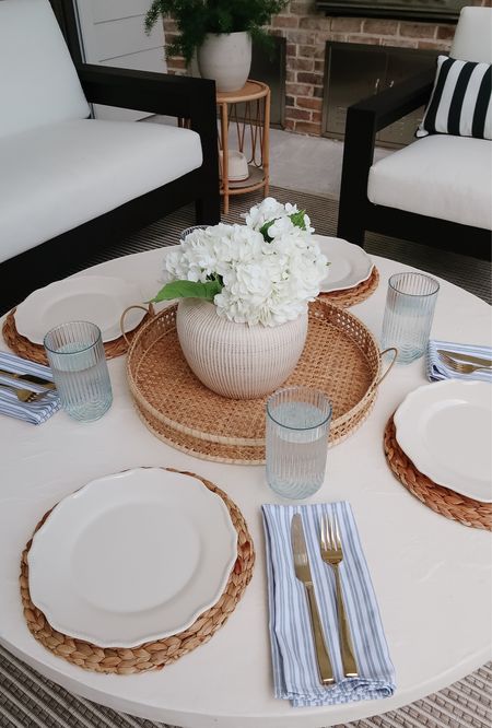 Happy to partner with Walmart today! Our backyard is ready for alfresco dining! 🍽️ 🌞 

Scored everything on Walmart, including the woven chargers, scallop, melamine plates, striped napkins, drinking glasses, woven tray, vase & even my top!

@walmart #walmartpartner #walmarthome


#LTKFindsUnder50 #LTKHome #LTKParties
