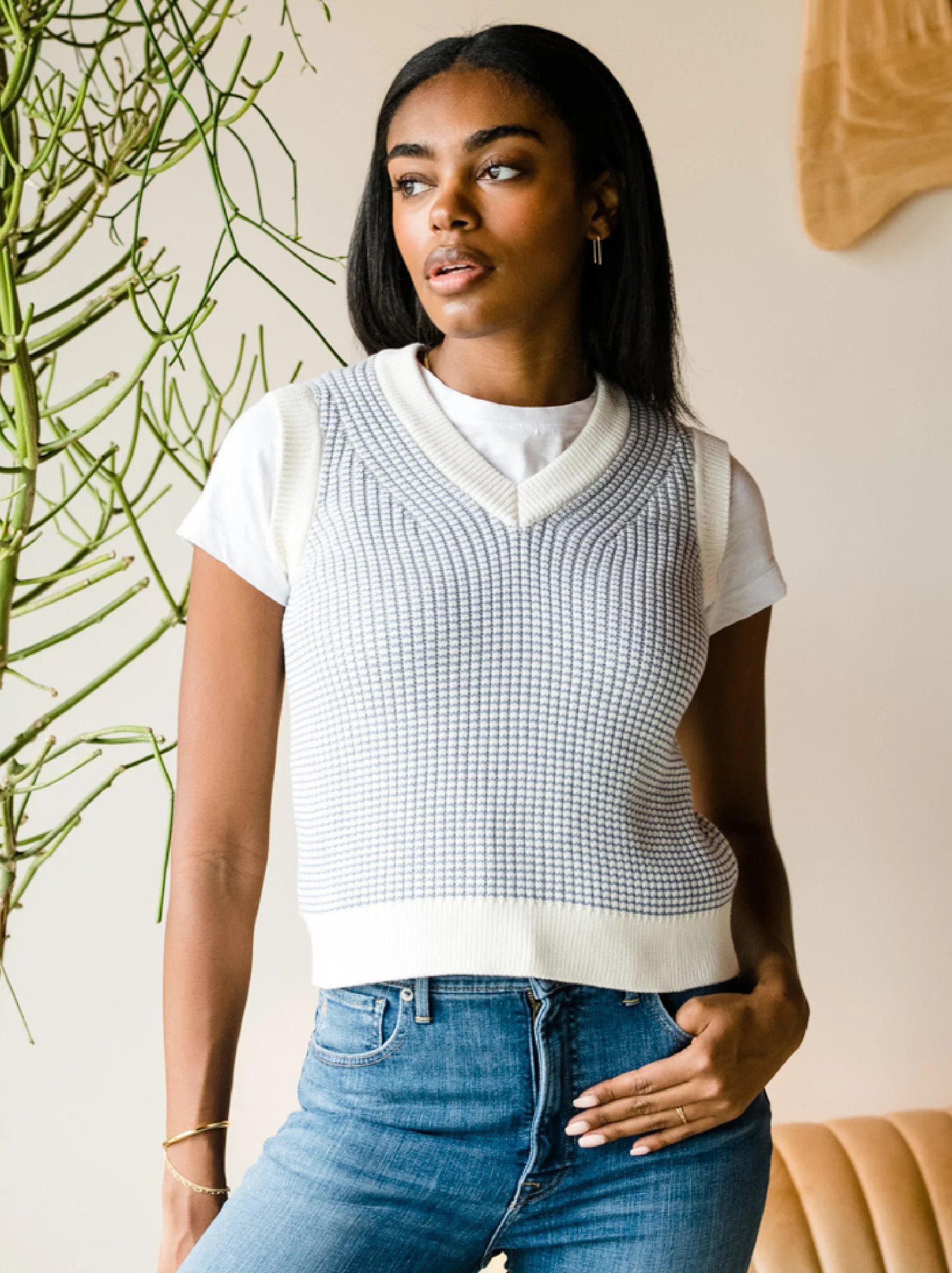 Liza V-Neck Sweater Vest - Slate Blue/Almond Stripe / S | ABLE Clothing
