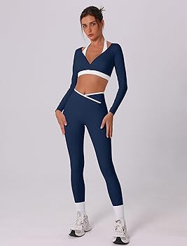 Amazon.com: ABOCIW Workout Sets for Women Color Block Long Sleeve Crop Top with Built-in Bra Cros... | Amazon (US)