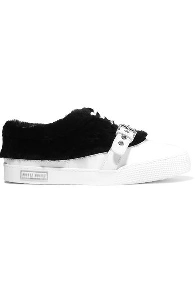 Miu Miu - Shearling-trimmed Buckled Leather Sneakers - White | NET-A-PORTER (US)