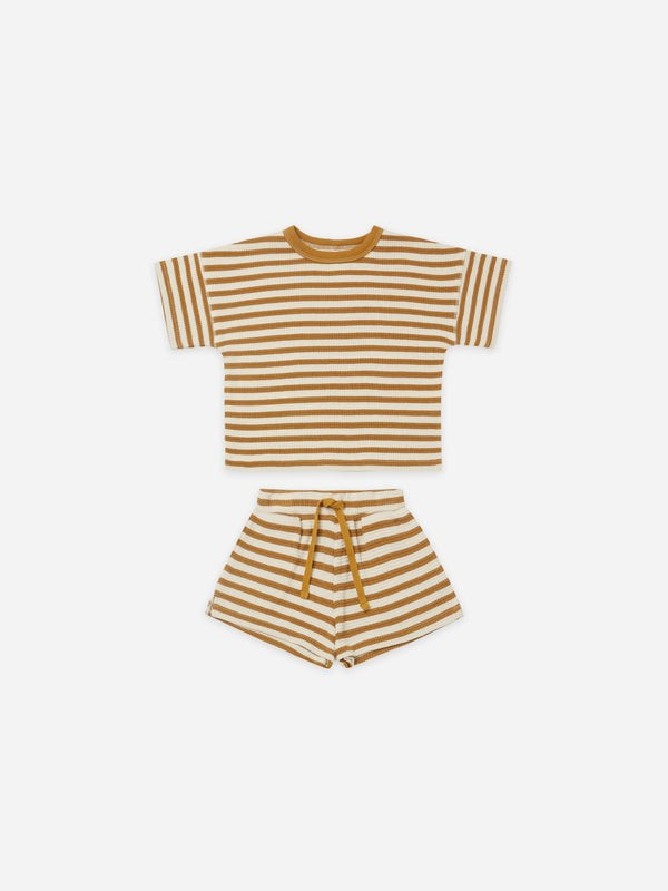 waffle tee + short set | ocre stripe | Quincy Mae