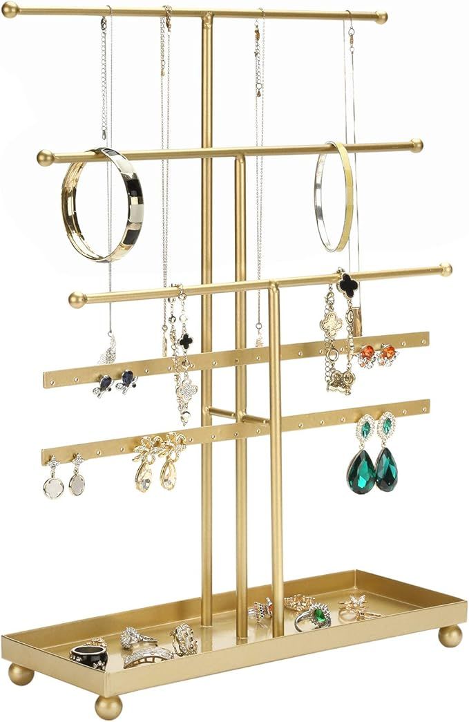 MyGift 5-Tier Gold Tabletop Metal Jewelry Necklace, Bracelet, Earring, Organizer with Ring Tray | Amazon (US)