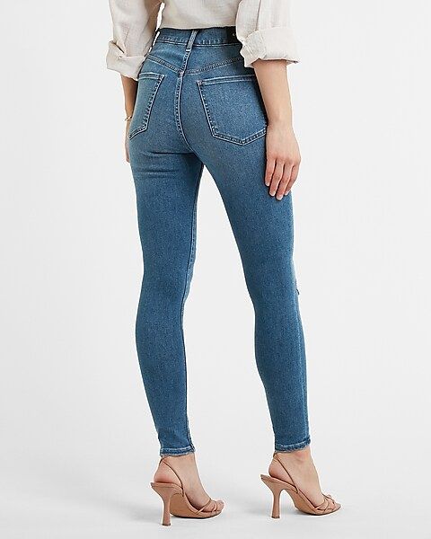 Super High Waisted Dark Wash Ripped Skinny Jeans | Express
