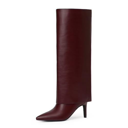 VIUGJNEX Burgundy Fold Over Knee High Boots Burgundy Boots for Women Knee High Boots Women Pointed Stiletto Heeled Tall Boots Long Shoes Size 7.5 | Amazon (US)