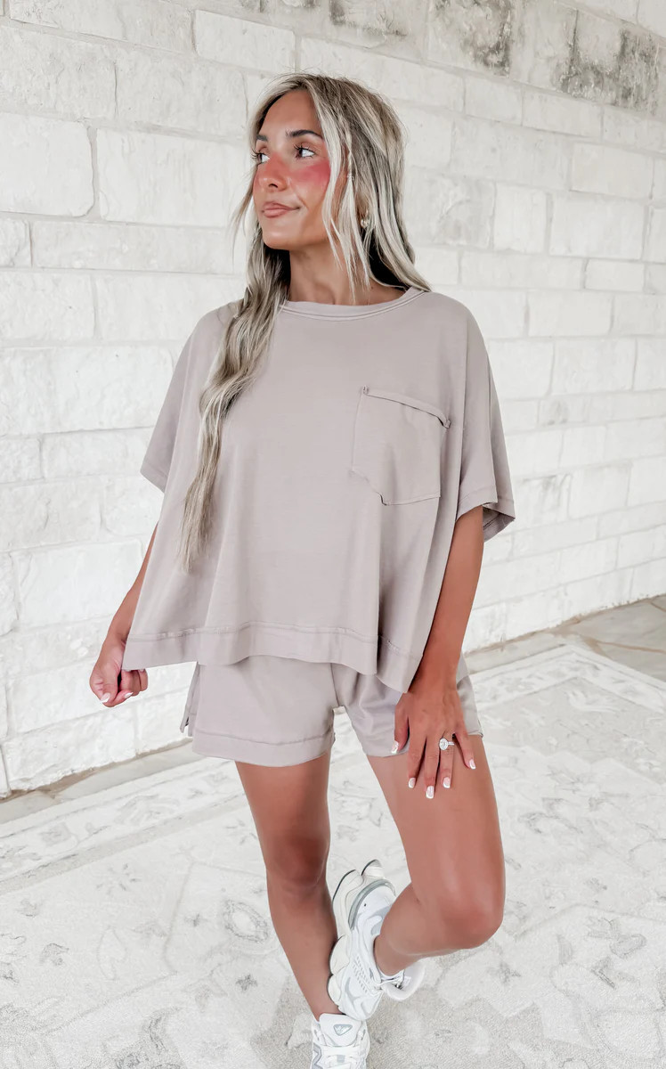 Butter Bliss Acid Washed Exposed Seam Boxy Top & Shorts Set- Ash Mocha | CK Squared Boutique