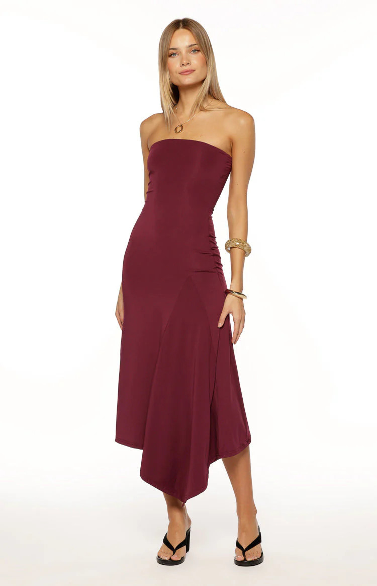 Maura Plum Strapless Asymmetrical Midi Dress | Beginning Boutique | Beginning Boutique (US)